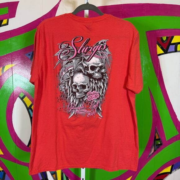 Anvil, Coral Red Graphic Tee with Skull and Roses Sturgis 2022. Size XL. - Picture 5 of 5